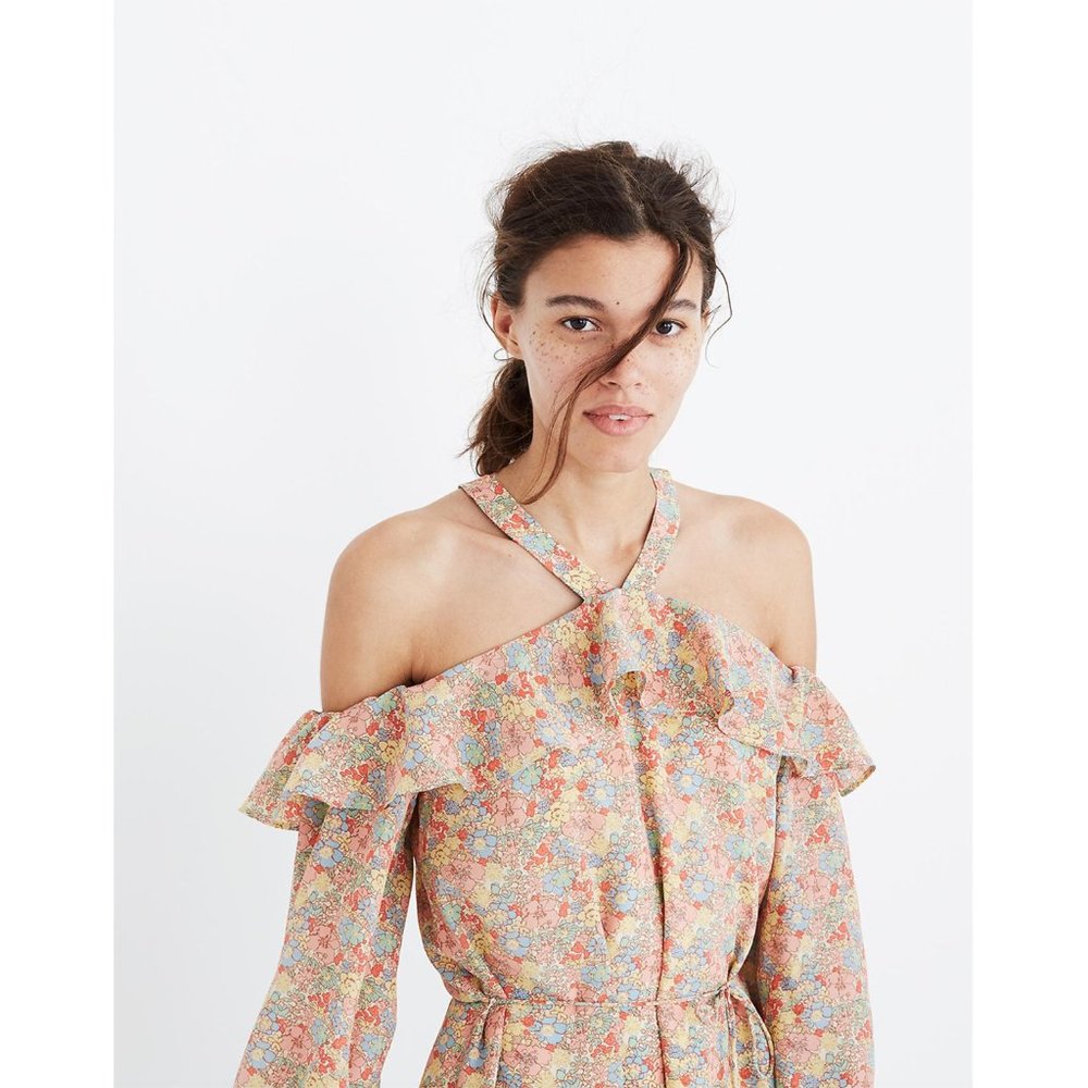 Madewell Silk Forsythia Cold-Shoulder Mini Dress Prairie Blossoms Floral Print 0